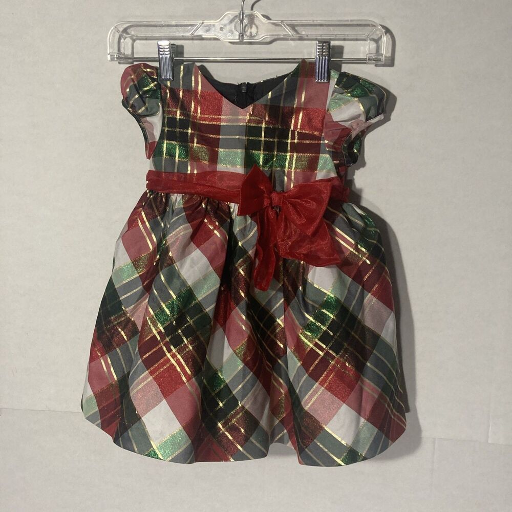 BONNIE BABY red gold multicolor plaid v-neck short sleeve holiday dress 24M - Picture 1 of 9